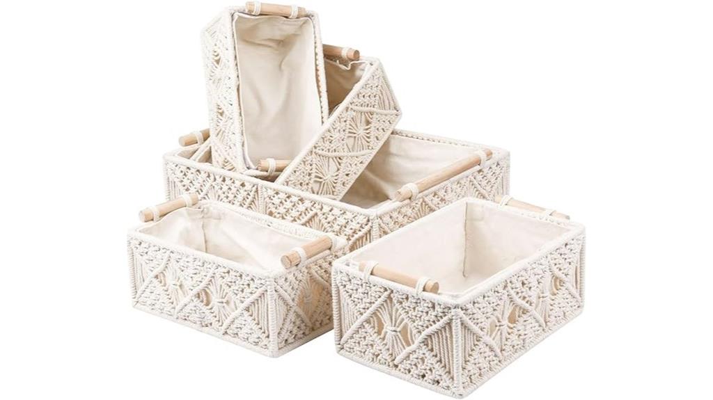 set of five macrame baskets
