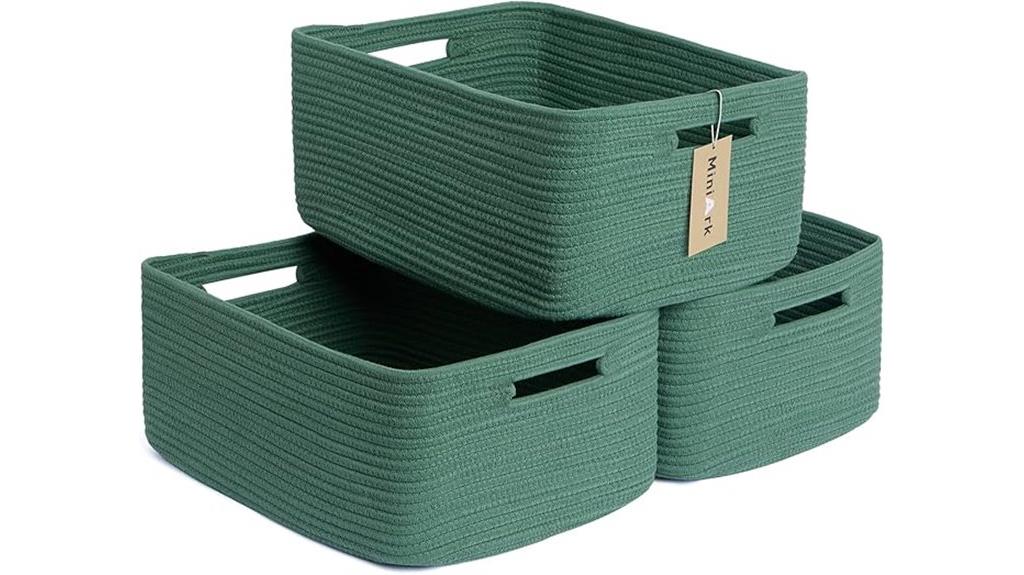 three large woven rope baskets