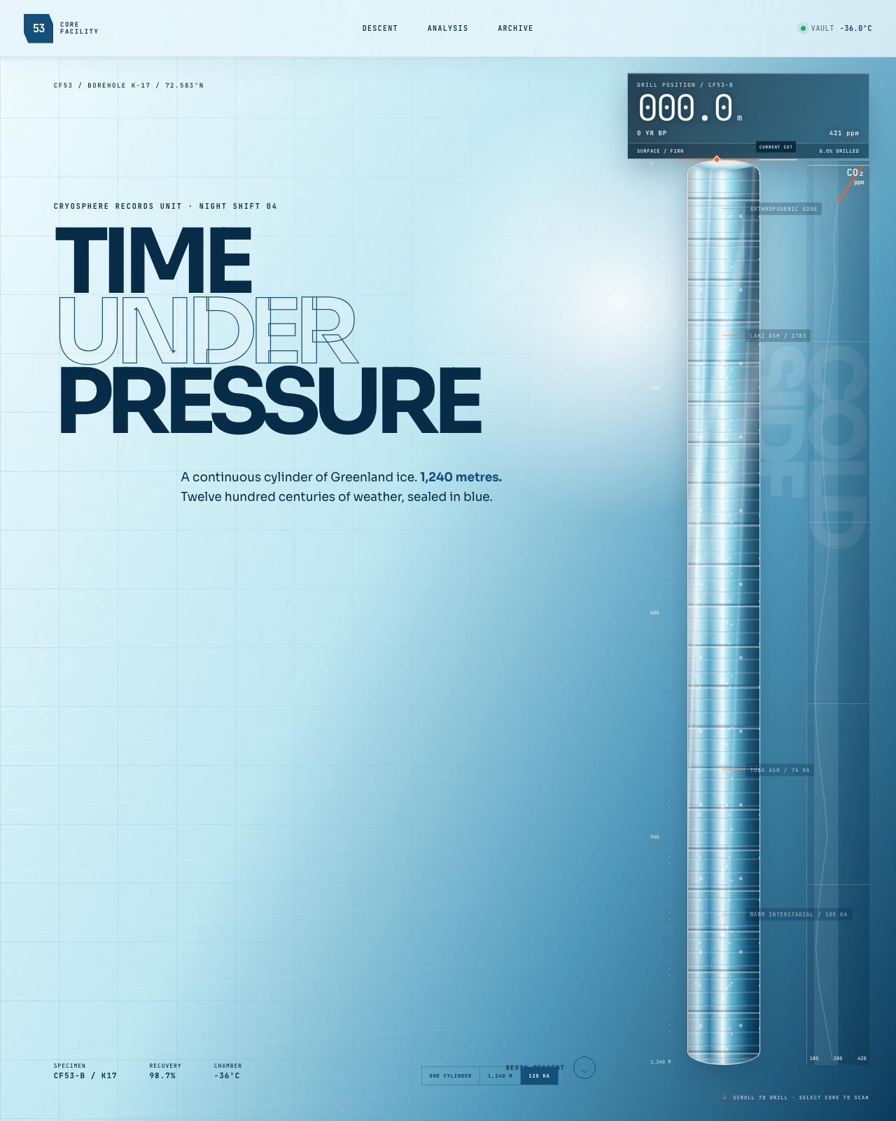 Live view of Core Facility 53 — 120,000 Years Under Pressure